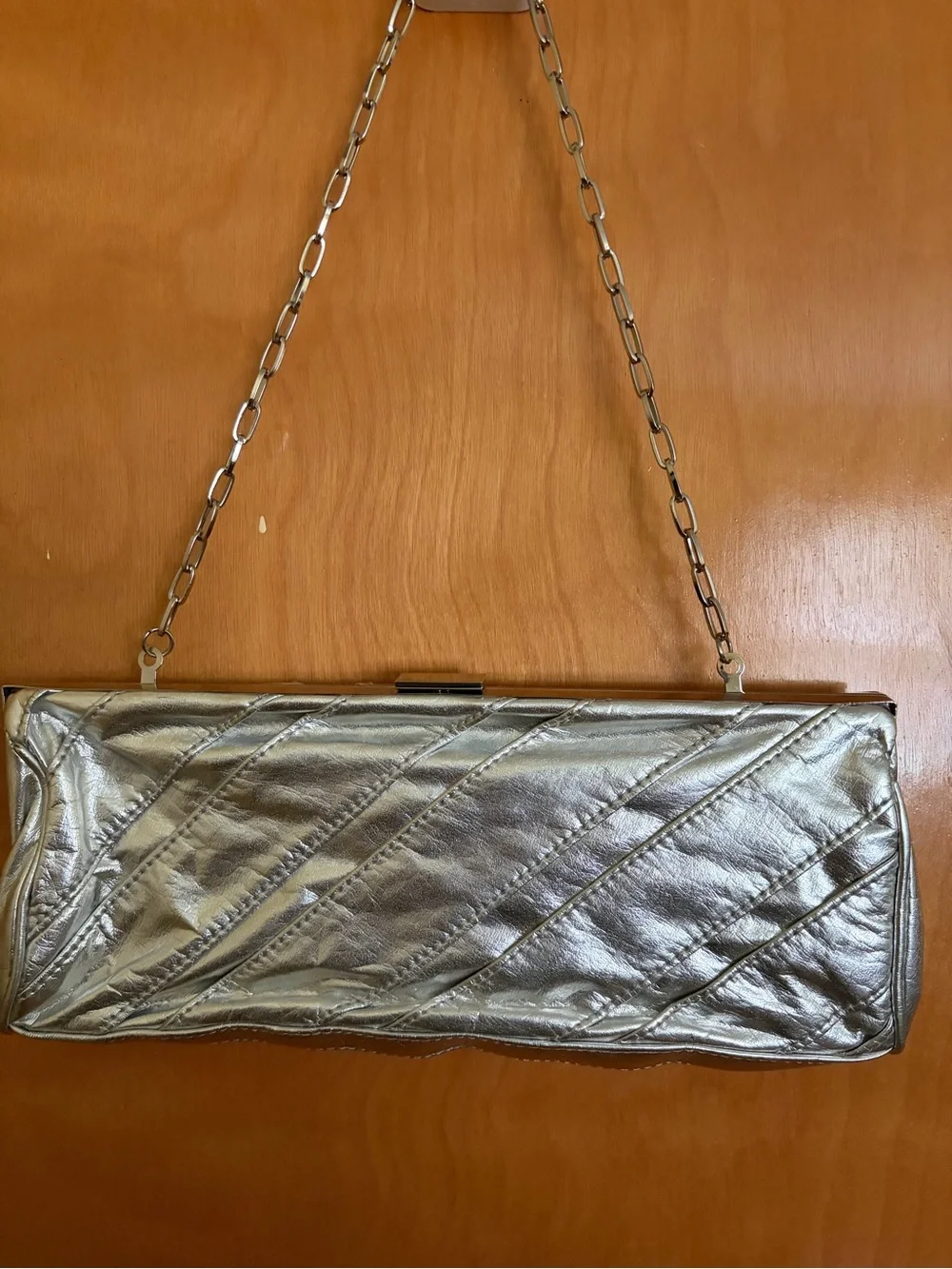 Aldo Metallic Silver Quilted Chain Clutch